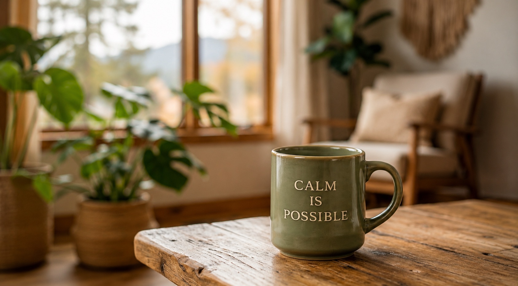 A calm cabin scene with a mug that reads Calm is possible