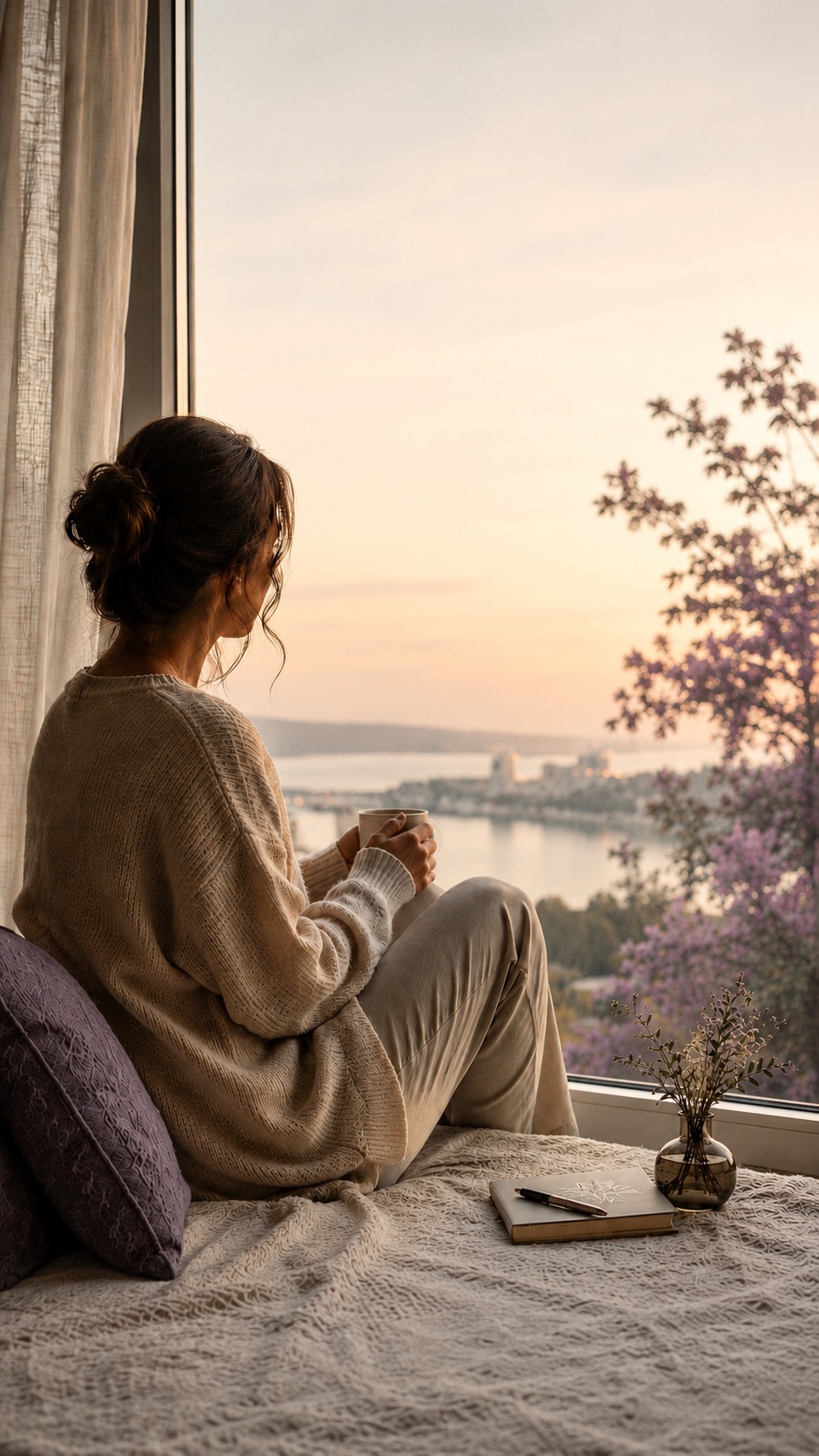 A woman sitting calmly by a window at sunset, holding a warm mug